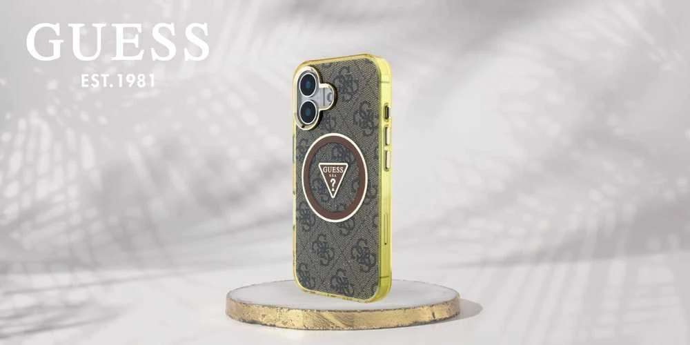Dėklas Guess IML Metal Glitter 4G Circle Triangle MagSafe Apple iPhone 16 rudos spalvos