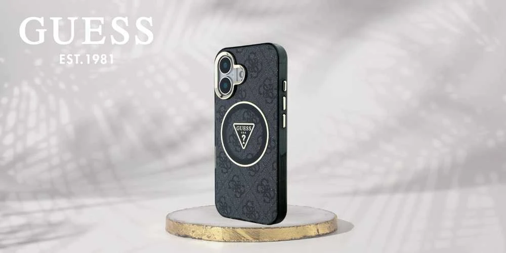 Dėklas Guess IML Metal Glitter 4G Circle Triangle MagSafe iPhone 16 juodos spalvos