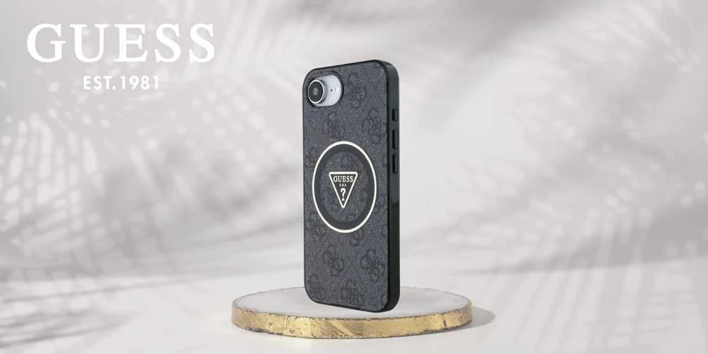 GUESS dėklas, skirtas IPHONE 16e (SE 4 2025) suderinamas su MagSafe GUHMPSE4HG4PRTGK (IML Metal Glitter 4G Circle Triangle) juodas