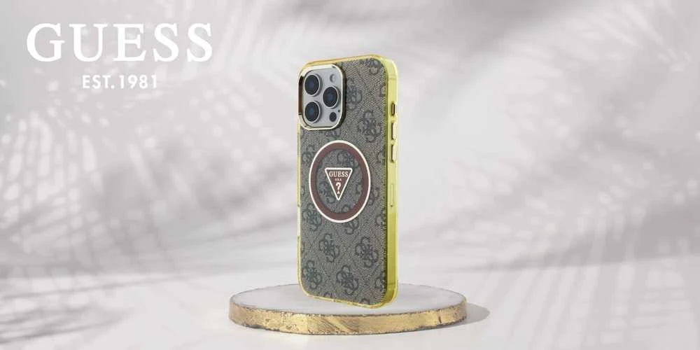 Dėklas Guess IML Metal Glitter 4G Circle Triangle MagSafe Apple iPhone 16 Pro Max rudos spalvos