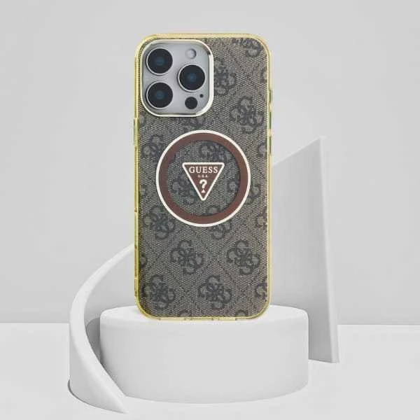 Dėklas Guess IML Metal Glitter 4G Circle Triangle MagSafe Phone 16 Pro rudos spalvos