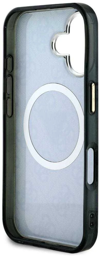Dėklas Guess IML Metal Glitter 4G Circle Triangle MagSafe iPhone 16 juodos spalvos