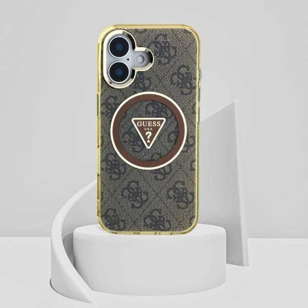 Dėklas Guess IML Metal Glitter 4G Circle Triangle MagSafe Apple iPhone 16 rudos spalvos