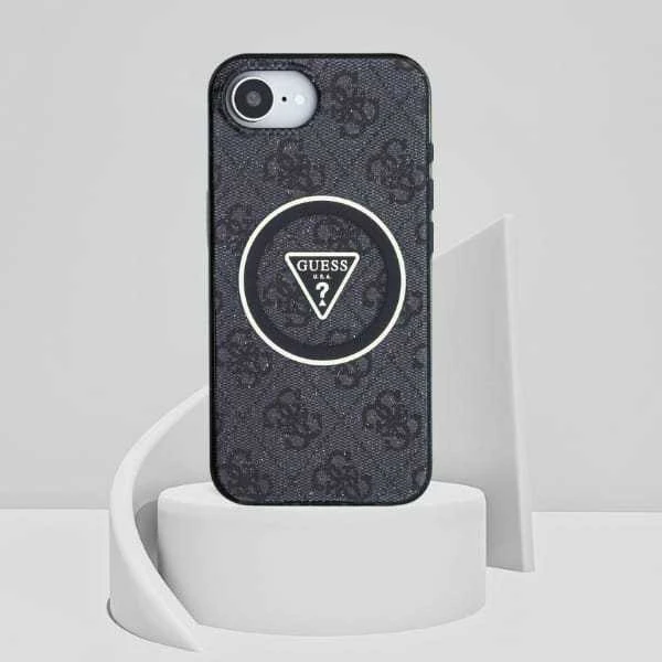 GUESS dėklas, skirtas IPHONE 16e (SE 4 2025) suderinamas su MagSafe GUHMPSE4HG4PRTGK (IML Metal Glitter 4G Circle Triangle) juodas