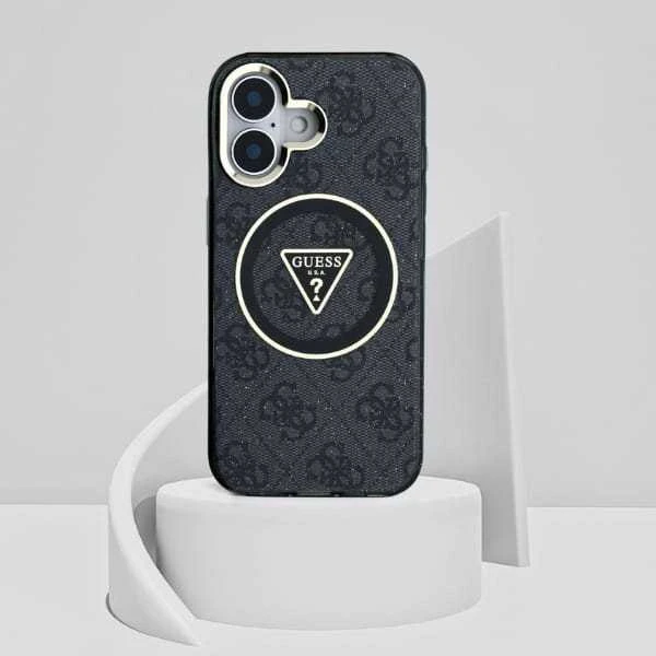 Dėklas Guess IML Metal Glitter 4G Circle Triangle MagSafe iPhone 16 juodos spalvos