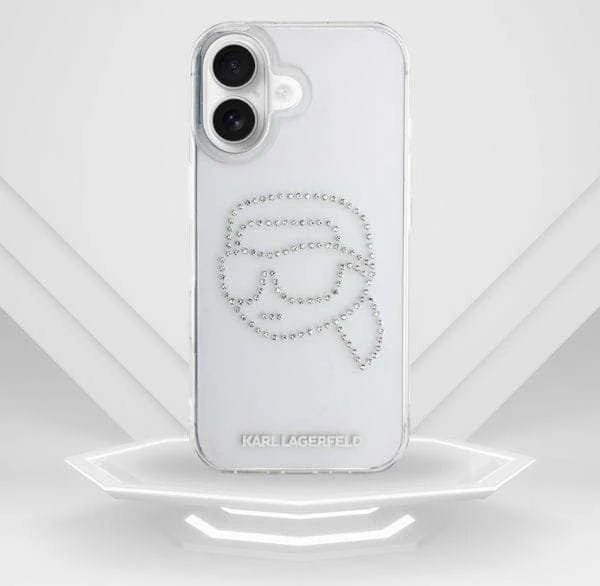 Dėklas Karl Lagerfeld IML Rhinestones Karl Head Apple iPhone 16 skaidrus