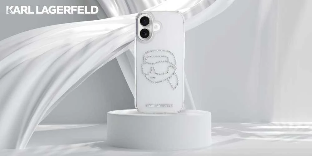 Dėklas Karl Lagerfeld IML Rhinestones Karl Head Apple iPhone 16 skaidrus