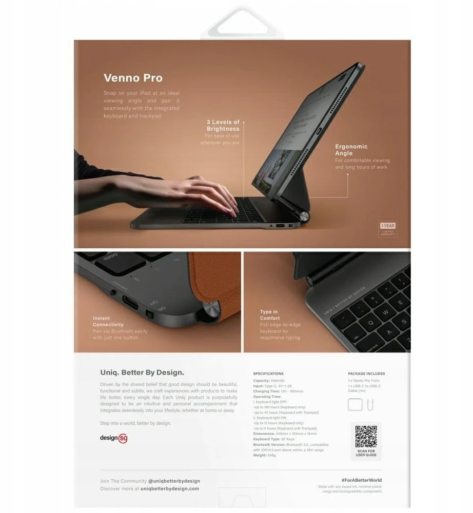 Dėklas UNIQ Venno Pro Magnetic Smart su klaviatūra skirtas iPad Air 11" (2024/25) | Apple Air 10.9" (2022/20) | iPad Pro 11" (2022/21) caramel