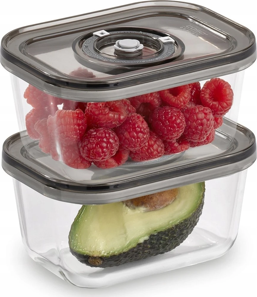 Caso VacuBoxx Eco-Duo S 2 stiklinės vakuuminės talpyklos su plastikiniu dangteliu, 0.5 L, 2 vnt.