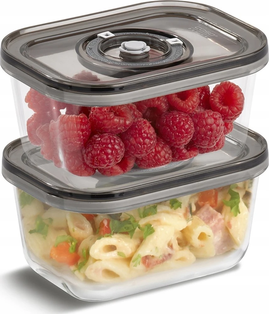 Caso VacuBoxx Eco-Duo S 2 stiklinės vakuuminės talpyklos su plastikiniu dangteliu, 0.5 L, 2 vnt.