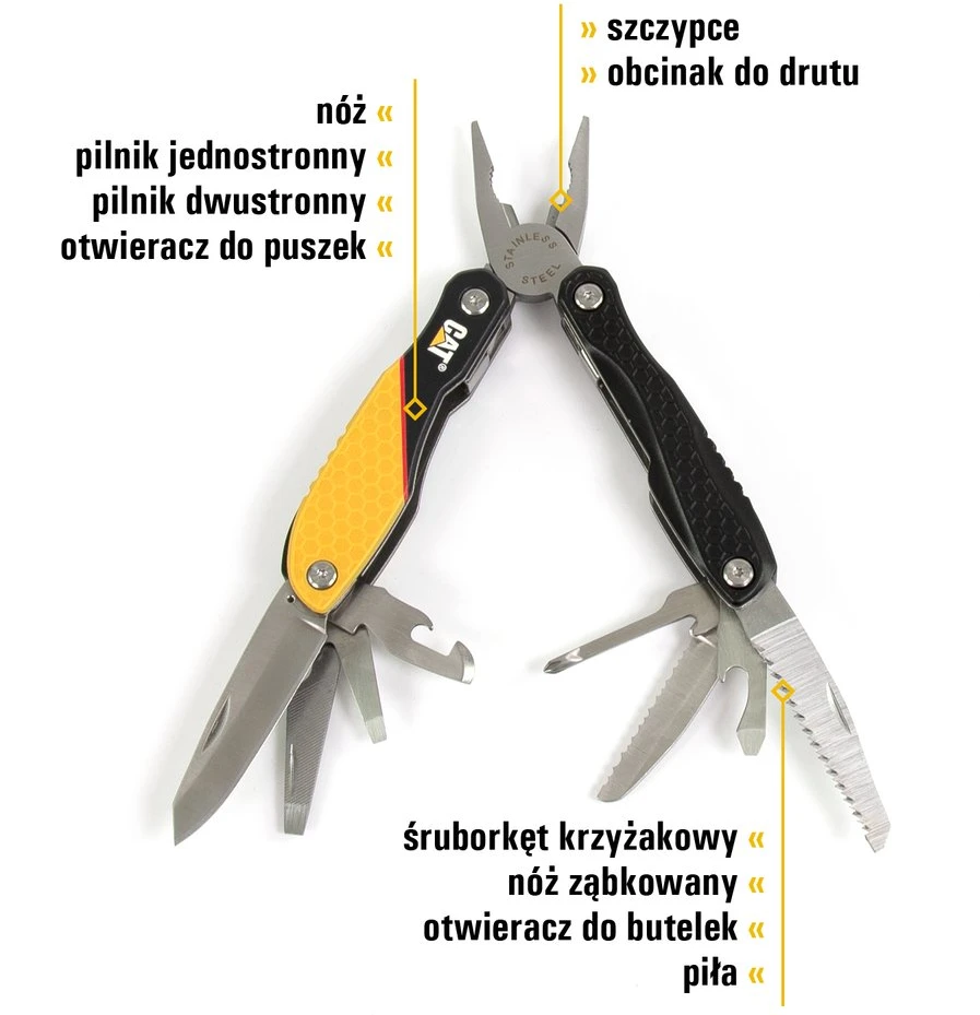 CAT multitool su sužymėtais įrankių komponentais
