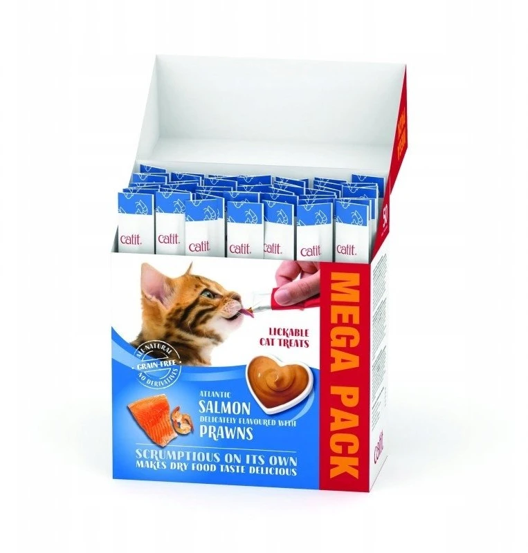 Catit - kreminis aukščiausios kokybės skanėstas katėms - lašiša su krevetėmis - mega pakuotė (50 x 10 g)