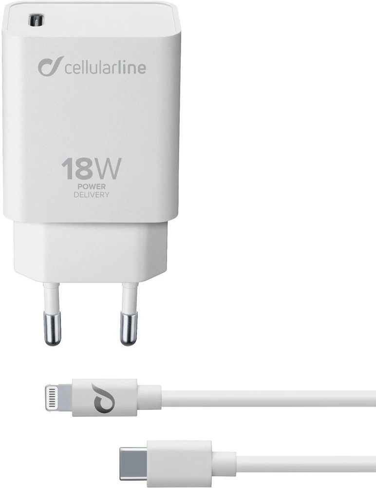 Cellular Line Įkroviklis jungiama į tinklą Cellularline su portem USB-C 18 W do szybszego ładowania modeli iPhone 8 lub nowszych su portem USB-C do Lightning