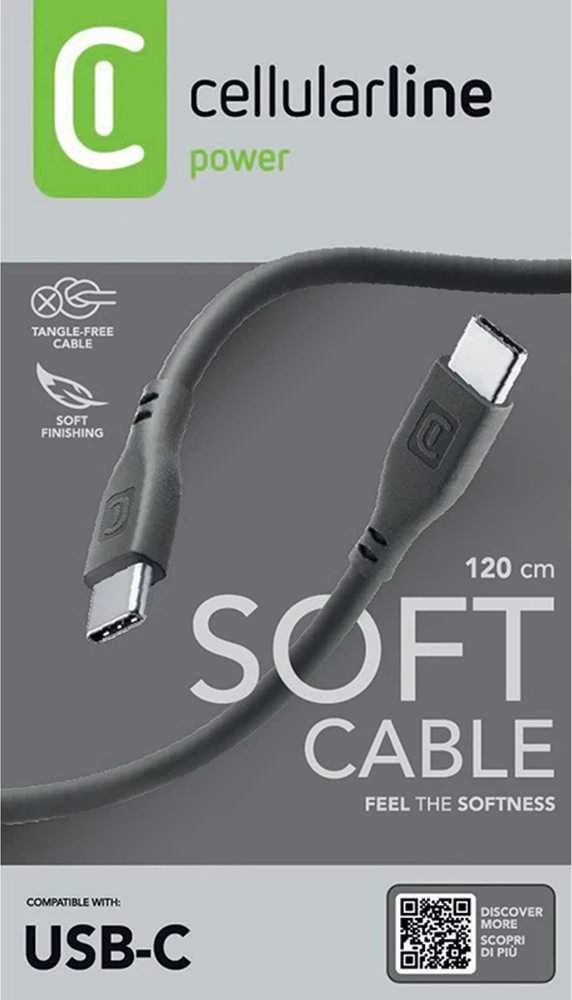 „Cellular Line Cellularline Soft Cable“ – USB-C į USB-C laidas, 1,2 m, juodas