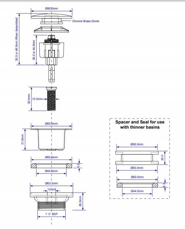 Cersanit KOREK KLIK-KLAK 11/4x60MM UNIVERSALUS ŽEMAS Juodas MATINIS