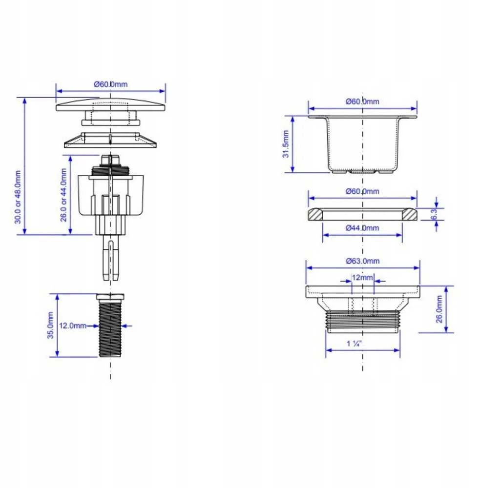 Cersanit KOREK KLIK-KLAK 11/4x60MM UNIVERSALUS ŽEMAS Juodas MATINIS