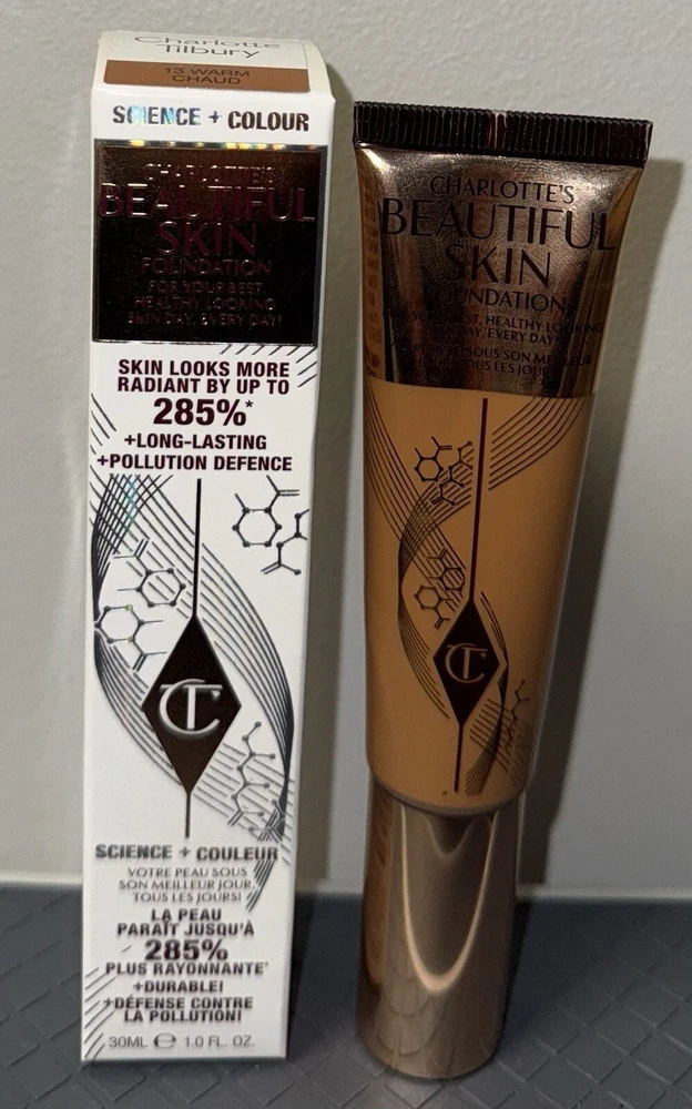 Charlotte Tilbury „Beautiful Skin Science + Colour Radiant Finish“ skystas makiažo pagrindas, 13 Warm Chaud, 30 ml