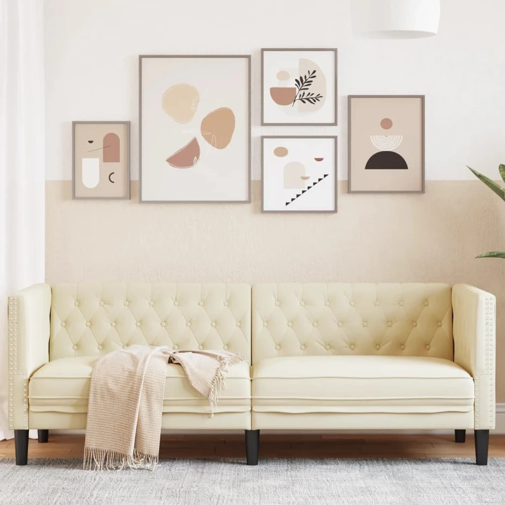 Trivietė chesterfield sofa, kreminės spalvos, dirbtinė oda