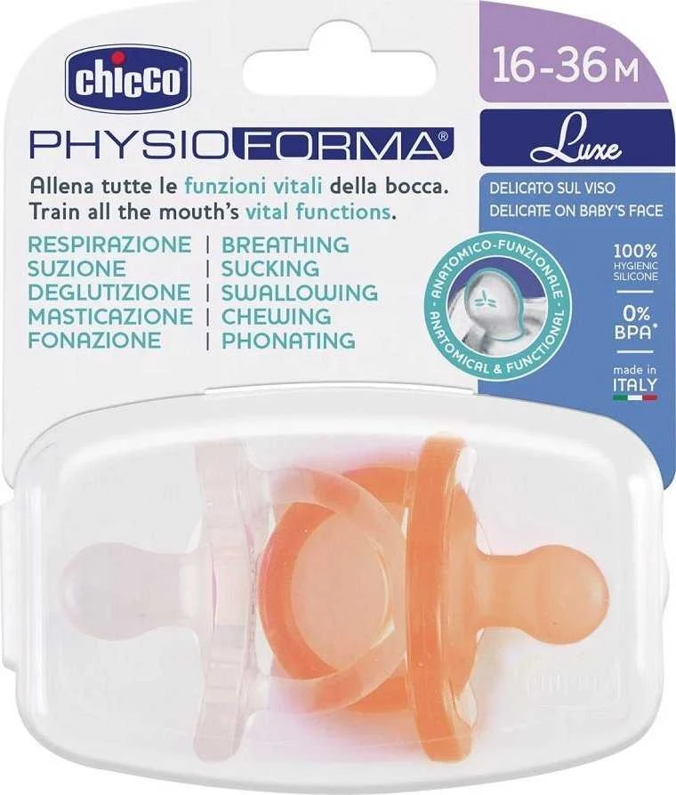 Chicco PhysioForma Luxe raminantis silikoninis čiulptukas 16-36m Oranžinė 2 vnt.