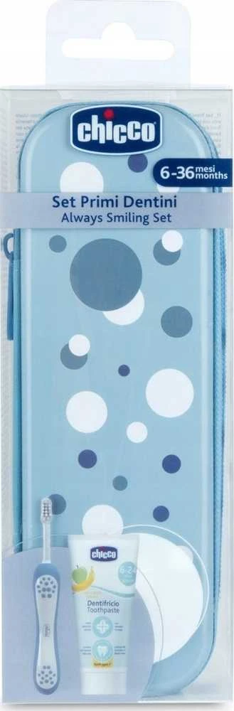 CHICCO 00012098000000 Fluoro dantų pasta + šepetėlis + dėklas Indigo rinkinys 6-36 m