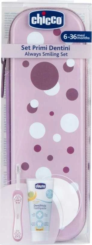 CHICCO 00012098100000 Fluoro dantų pasta + šepetėlis + dėklas Lila 6-36 m