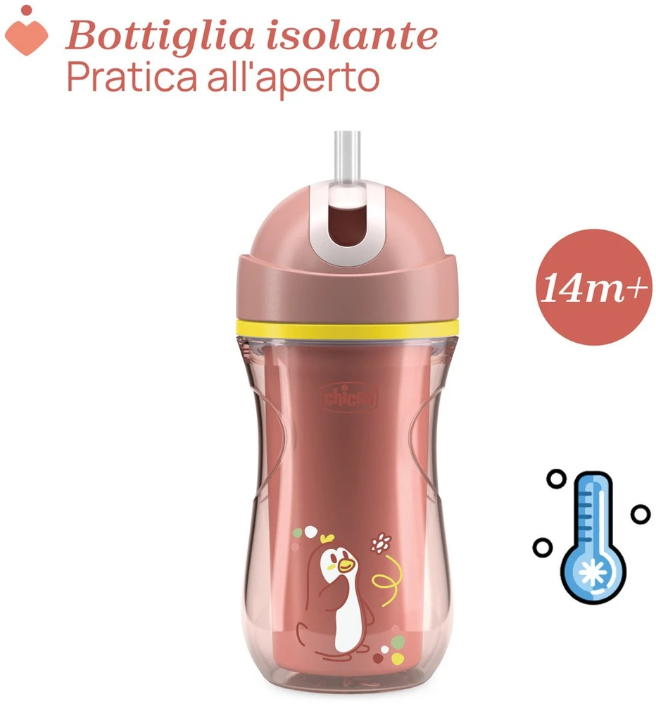 Chicco Puodelis termo puodelis su šiaudeliu, 266 ml, persikų spalvos, 14 mėn.+