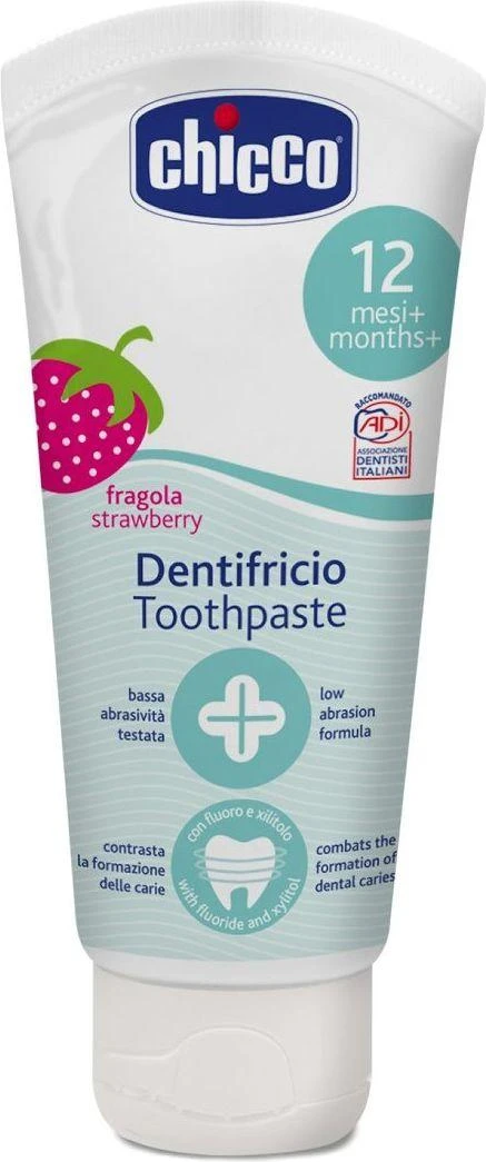 CHICCO braškių skonio dantų pasta su fluoru, 12M+