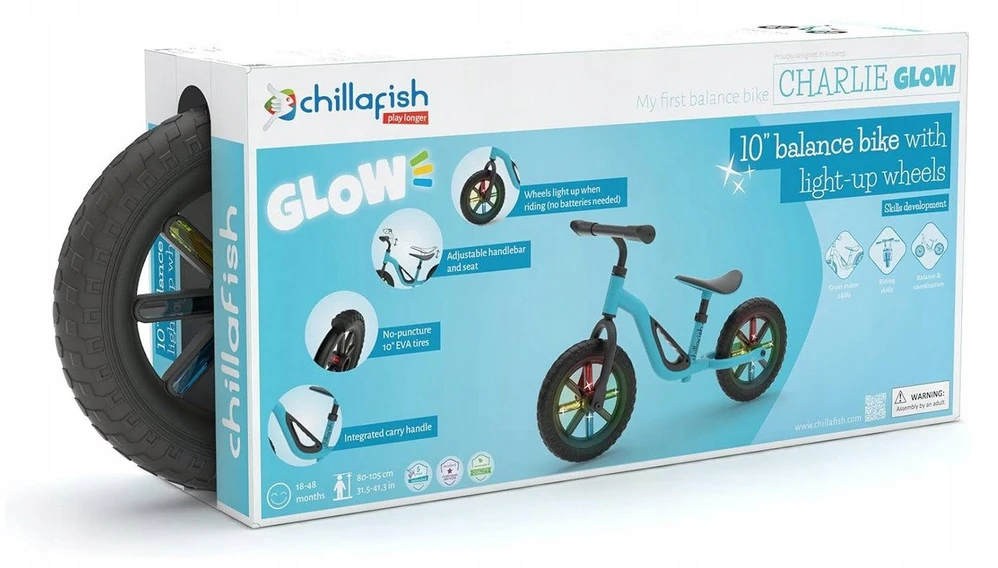 Chillafish – lengvas balansinis dviratis „GLOW 10“ su šviečiančiais ratukais – „Sky“, 1,5–4 metų vaikams (CPCH02SKY)