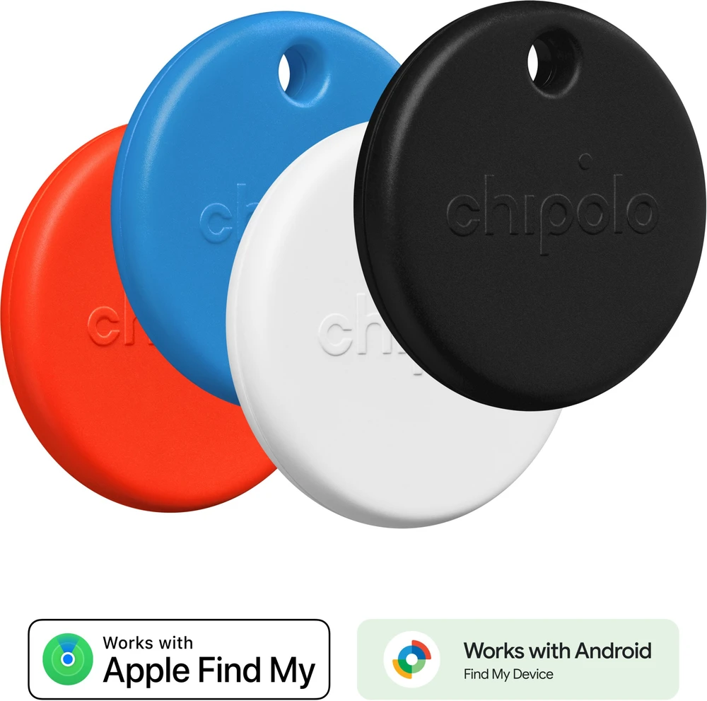 Chipolo POP – Bluetooth Tracker with Replaceable Baterija for iOS & Android, 4pack -Juodas, Baltas, Raudona, Mėlyna