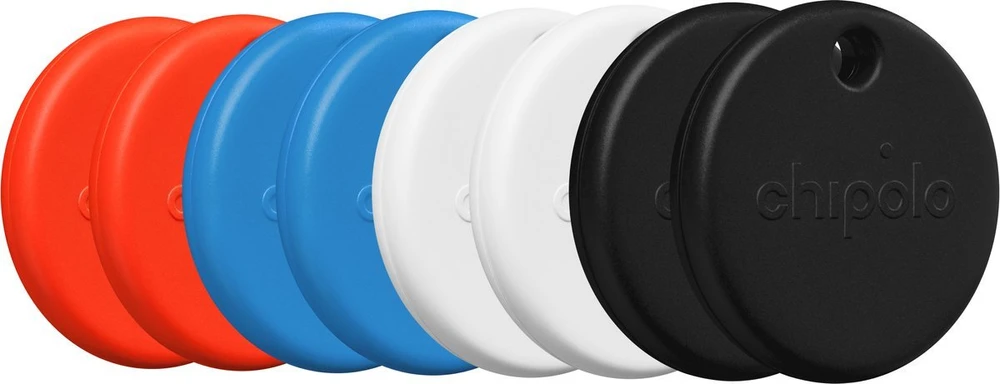 Chipolo POP – Bluetooth Tracker with Replaceable Baterija for iOS & Android, 4pack -Juodas, Baltas, Raudona, Mėlyna