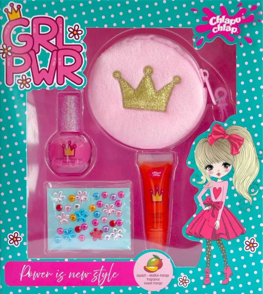CHLAPU CHLAP Girl Power II Sweet Mango vaikiškas rinkinys su kosmetine, nagų laku, lūpų blizgiu ir dekoracijomis