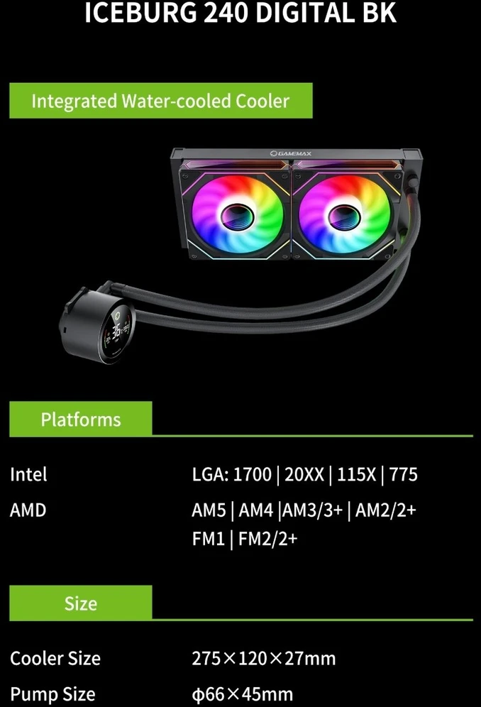 Gamemax CPU Liquid Cooler | ICEBURG 240 DIGITAL BK | Juodas