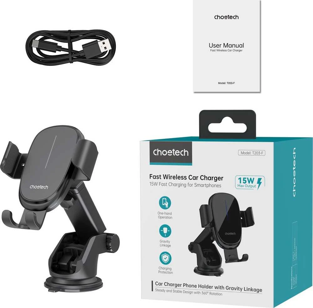Automobilinis laikiklis-įkroviklis Choetech T203-F 15W Gravity Car Charger Holder juodas