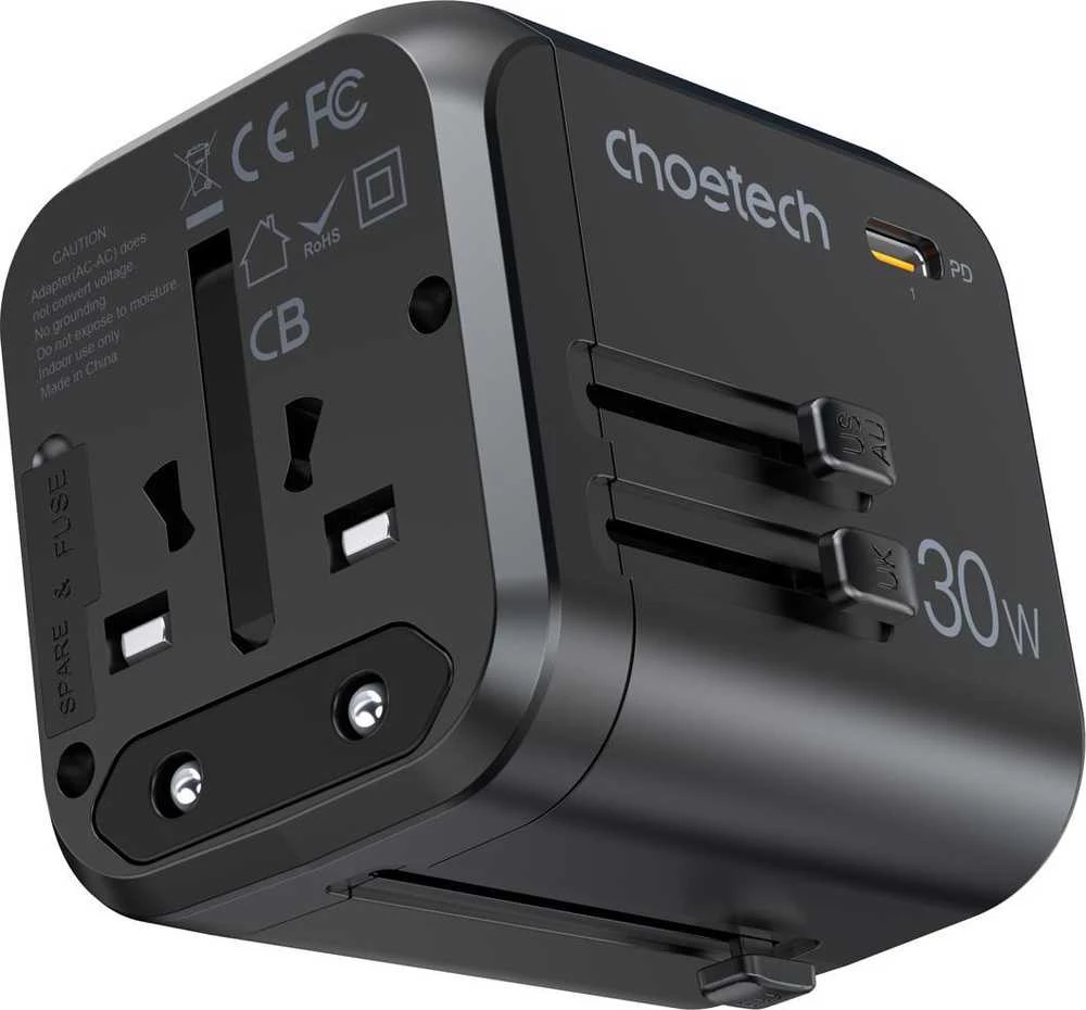 Kelioninis sieninis įkroviklis Choetech PD5008, 3xUSB-A, 1xUSB-C, GaN, 30W (juodas)