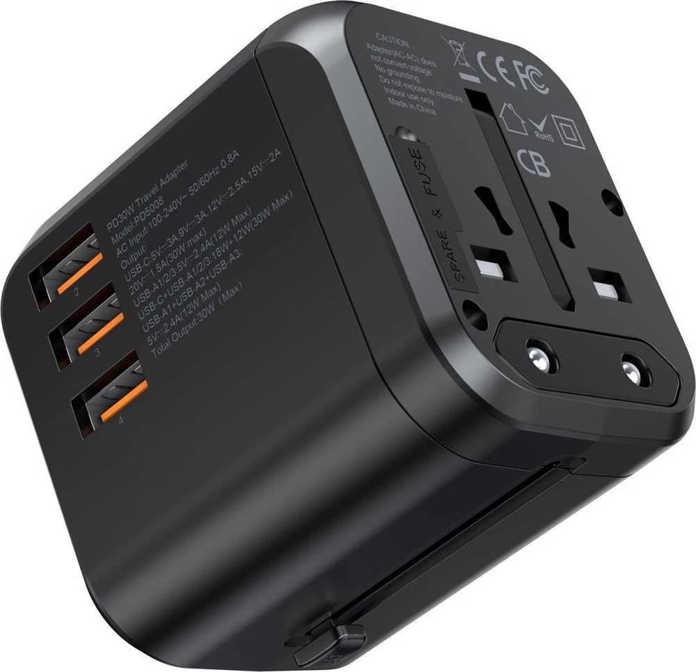 Kelioninis sieninis įkroviklis Choetech PD5008, 3xUSB-A, 1xUSB-C, GaN, 30W (juodas)