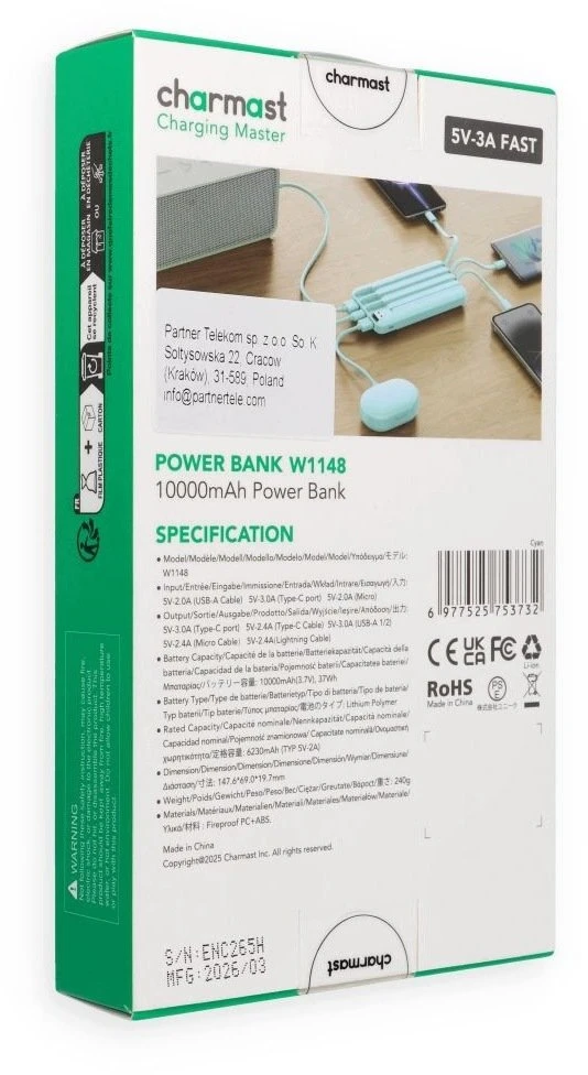Nešiojamoji baterija 5V 3A 10000 mAh su integruotais laidais USB A / USB C / Lightning / Micro USB Charmast W1148 žalias