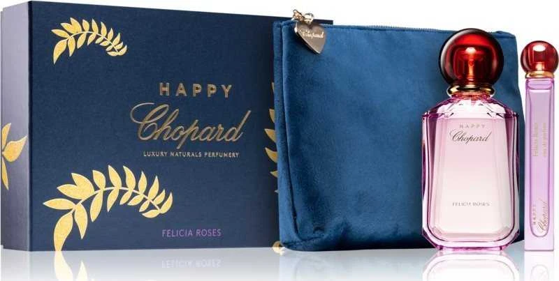 Prabangus „Naturals“ kvepalų rinkinys „Chopard“: „Happy Felicia Roses“ kvepalai moterims, 100 ml + „Happy Felicia Roses“ kvepalai moterims, 10 ml + „Chopard“ sintetinės odos tekstilinis krepšys moterims, 2,4 x 9 x 6,2 cm