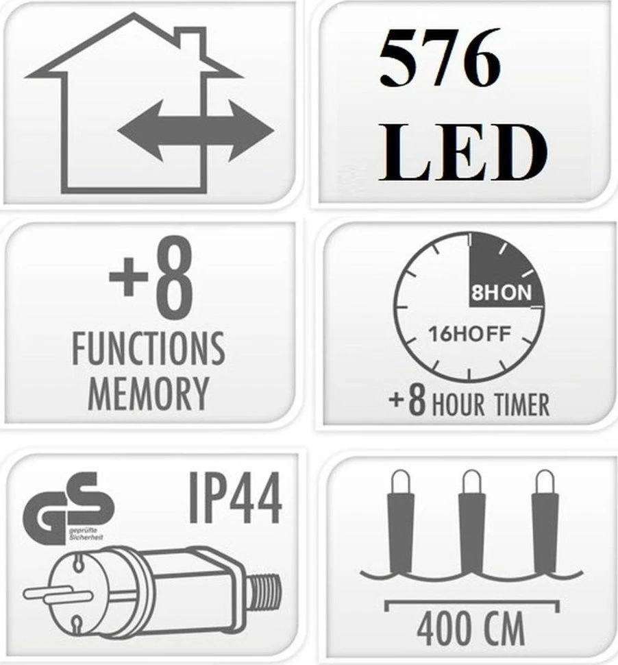 Mondex Christmas Decoration KALĖDINĖS LENGVOS GRANDINĖS 576 LED LAIKMATIS COLD Baltas