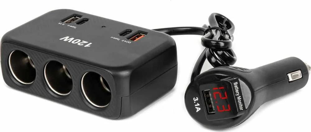 Trijų lizdų prailgintojas su įkrovikliu ir skaitmeniniu ekranu 2x USB-A + 1x USB-C QC 4.0 12/24V 120W 80 cm AMIO-04366