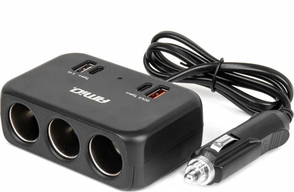 Trijų lizdų prailgintojas su įkrovikliu 1x USB-A + 1x USB-C QC 4.0 12/24V 120W 80 cm AMIO-04365