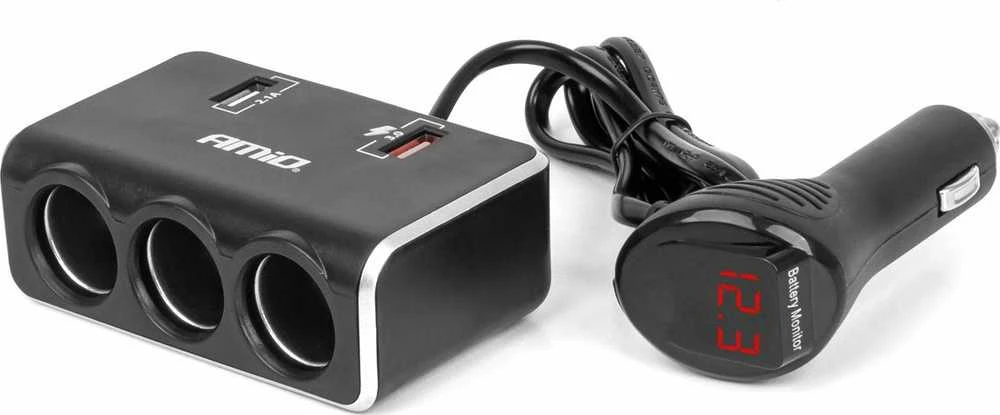 Trijų lizdų prailgintojas su įkrovikliu ir skaitmeniniu ekranu 2x USB-A QC 3.0 12/24V 120W 80 cm AMIO-04364