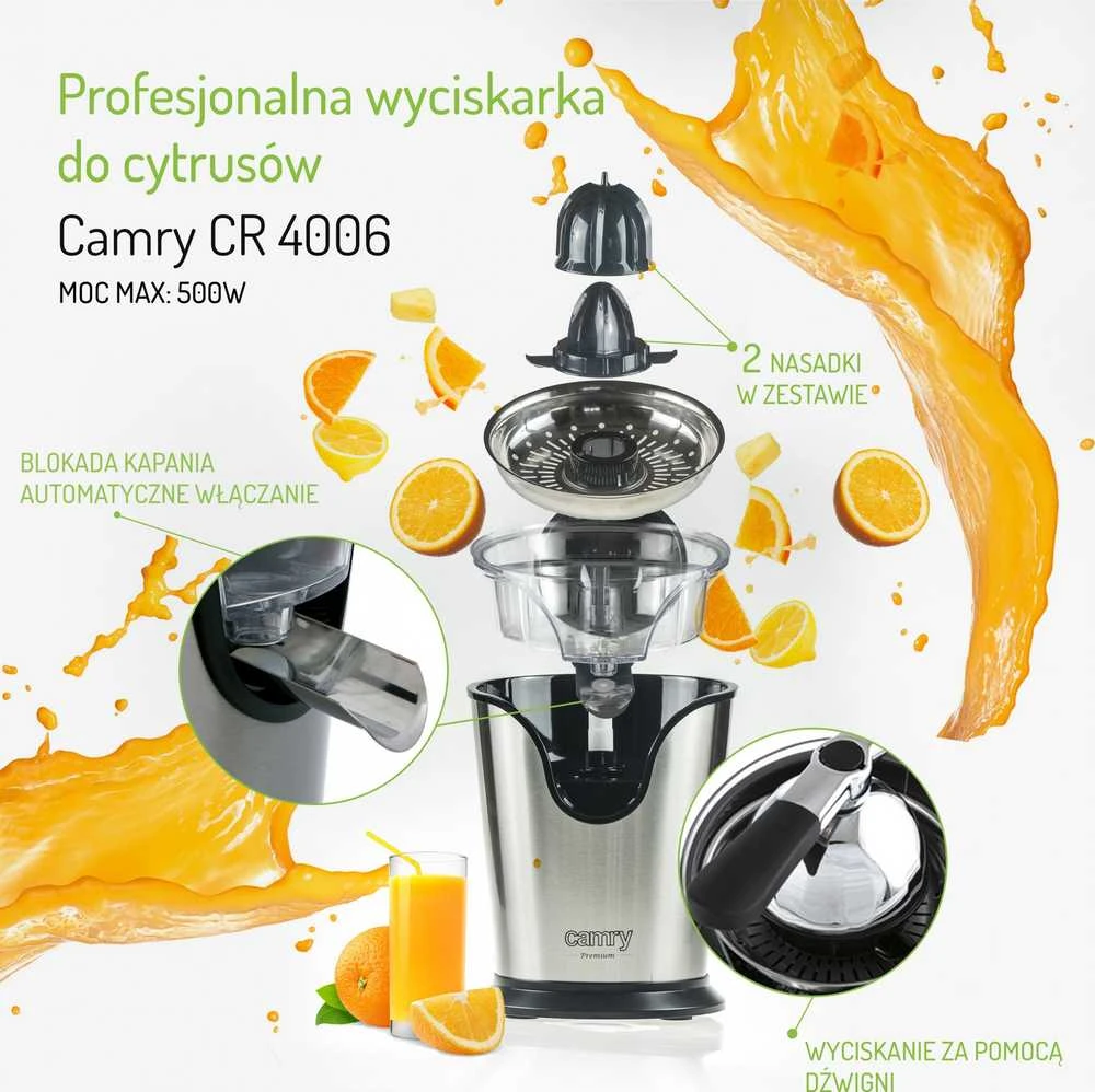 Sulčiaspaudė Camry | Profesional Citruis Juicer | CR 4006 | Type Electrical | Nerūdijantis plienas | 500 W | Greičių skaičius 1