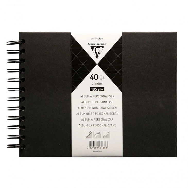 Clairefontaine Iškarpų albumas, juodi kieti viršeliai, viela įrišti, 40 juodų puslapių, 32x24 cm, 185 g, be rūgščių