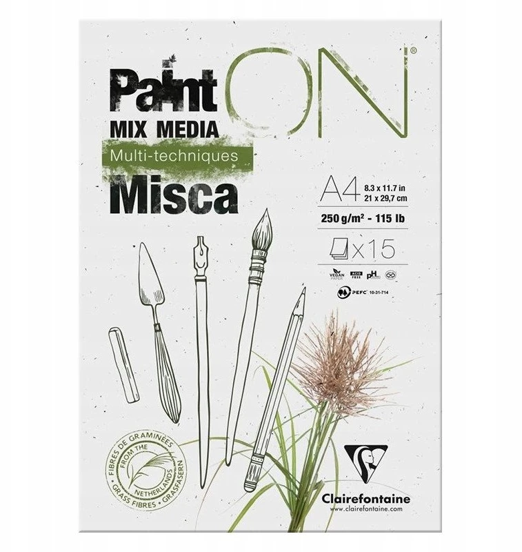 Clairefontaine Paint-On Block Misca A4, 250 gramų, 15 balto popieriaus lapų, sudėtyje yra žolės pluošto, daugiafunkcis popierius, viršutiniai klijai