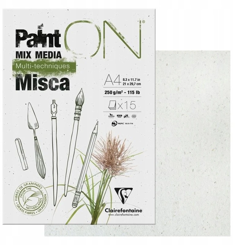 Clairefontaine Paint-On Block Misca A4, 250 gramų, 15 balto popieriaus lapų, sudėtyje yra žolės pluošto, daugiafunkcis popierius, viršutiniai klijai