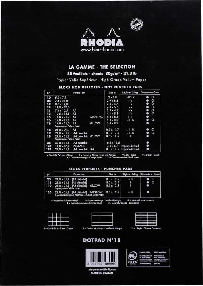 Clairefontaine Rhodia Dot Pad A4 - 80 microperforated sheets - 80gram (not punched - cardboard backed) - Rhodia 18559C