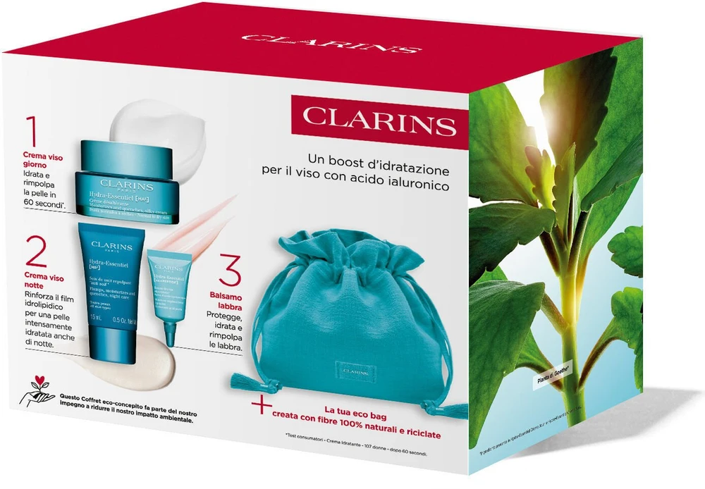 Clarins CLARINS rinkinys (HYDRA ESSENTIEL CREME 50ml + HYDRA ESSENTIEL 15ML + HYDRA ESSENTIEL 3ML + maišelis)