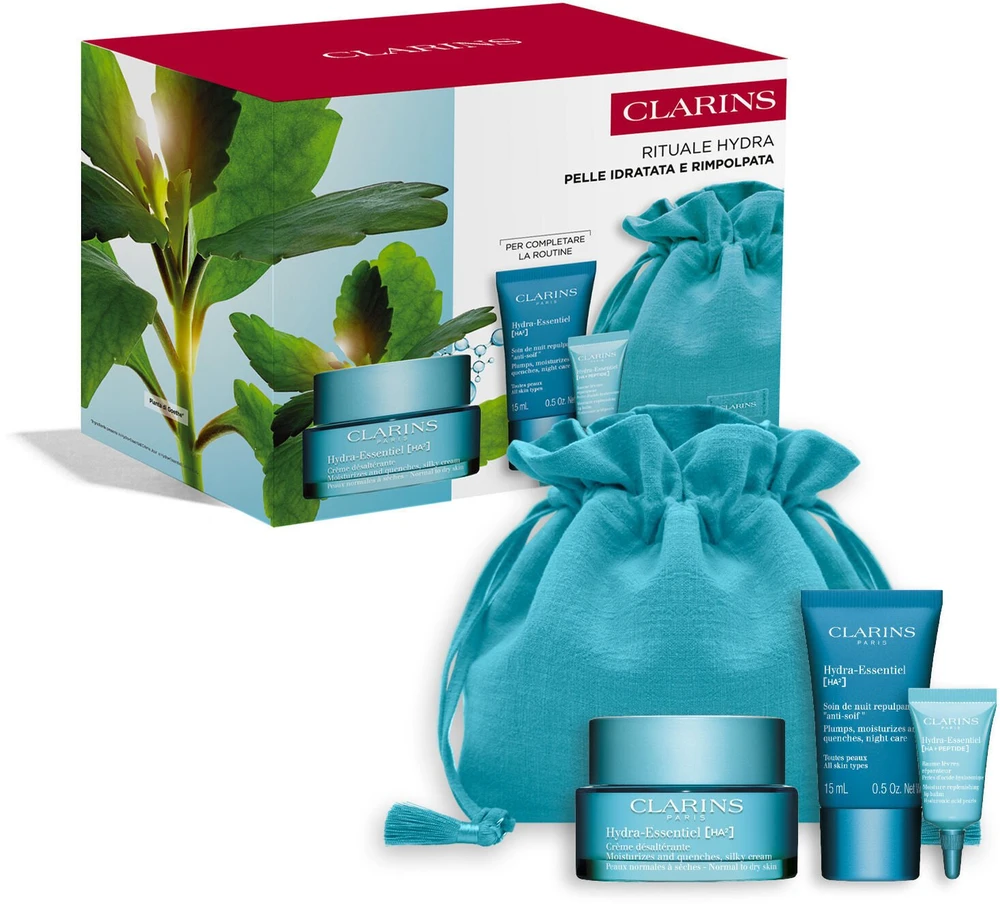 Clarins CLARINS rinkinys (HYDRA ESSENTIEL CREME 50ml + HYDRA ESSENTIEL 15ML + HYDRA ESSENTIEL 3ML + maišelis)
