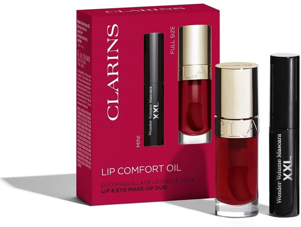 Clarins Lip Comfort Oil Set kosmetikos rinkinys (Lip Comfort Oil 03 Cherry, 7 ml + Wonder Volume Blakstienų tušas XXL 01 Extreme Juodas, 3 ml)