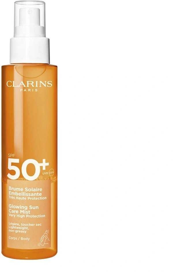 Clarins Glowing Sun Care Mist SPF 50+ dvifazė apsauginė purškiama dulksna nuo saulės, 150 ml